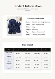 Tabla de tallas y especificaciones de conjunto de bata y camisón de satén azul