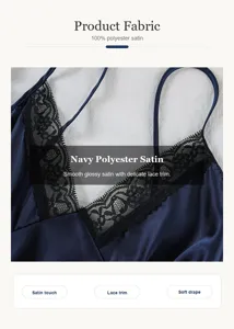Detalle de cerca del camisón de satén azul marino con un elegante encaje negro.