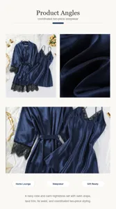 Detalle de un conjunto de bata y camisón de satén azul marino con encaje
