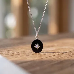 S925 Sterling Silver Star Black Onyx Pendant Necklace For Women Minimalist Oval Synthetic Opal Fashion Neck Jewelry Gift