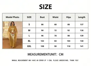 Size chart for elegant gold sequin sleeveless dress with lace capelet evening gown.