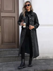 Stilvolle lange Oversize-Jeansjacke für Damen in Schwarz für die Herbst-Winter-Saison
