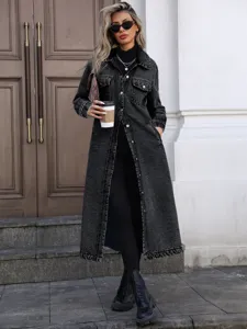 Modischer Oversize-Jeansmantel für Damen in Washed-Black mit Hemdkragen und Taschen