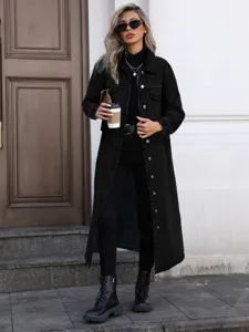 Eleganter langer schwarzer Jeansmantel für Damen, Oversize-Passform Herbstmode