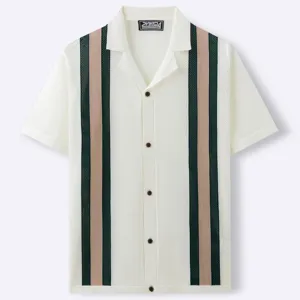 Men's retro knitted polo shirt with vertical stripes and a full button-down front view