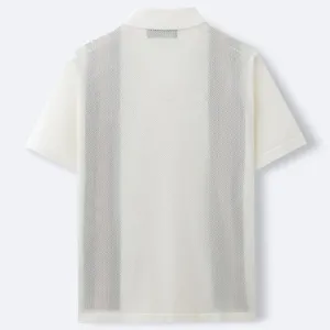 Back view of a white vintage-style knit Polo shirt featuring vertical mesh panels.