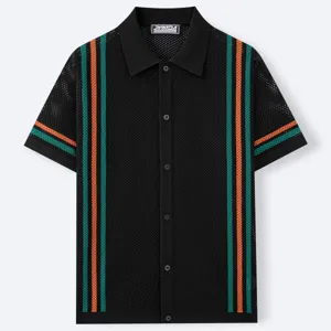 Retro mesh knit polo shirt cardigan with vintage vertical orange and green stripes