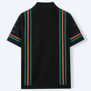 Detailed back view of a black mesh knit polo shirt featuring vintage orange and teal stripes