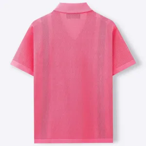 Back view of a vibrant pink retro knitted short-sleeved Polo shirt with fine mesh texture.