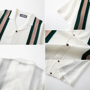 Detail shots of a retro knit Polo shirt featuring vertical stripes and mesh texture.