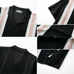 Detailed views of men's retro knitted short-sleeve polo shirt with black and pink stripes