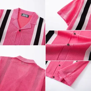 Details of men's pink knitted polo shirt showing texture, collar, and vertical stripes.