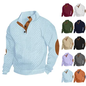 Men Knit Sweater Stand Collar Button Long Sleeve Jacquard Pullover With Elbow Patches Vintage Casual Outdoor Polyester
