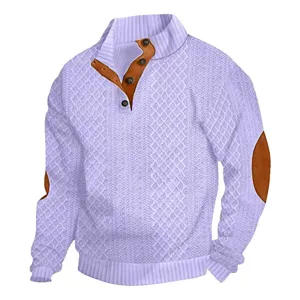 Pull décontracté pour homme en tricot violet clair avec col montant et patchs aux coudes