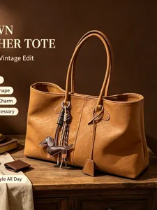 Vintage PU Leder Große Tragetasche Für Damen Mit Dackel Anhänger Pendler Schultertasche Täglich Handtasche Braun Schwarz