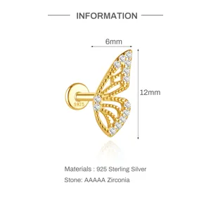 Butterfly 925 sterling silver stud earring detail with dimensions 12x6mm and zirconia stone