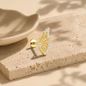 Close-up detail of S925 sterling silver butterfly helix cartilage stud earring with pavé stones