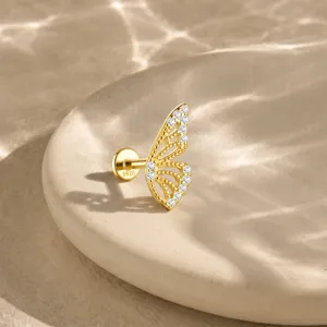 Macro detail view of gold-plated S925 sterling silver butterfly wing earring with CZ stones