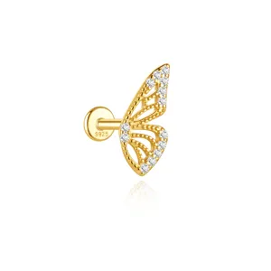 Close-up of golden S925 sterling silver butterfly stud earring with sparkling crystals