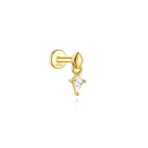 Macro detail of 16G S925 gold-plated cartilage stud with kite-cut diamond dangle.