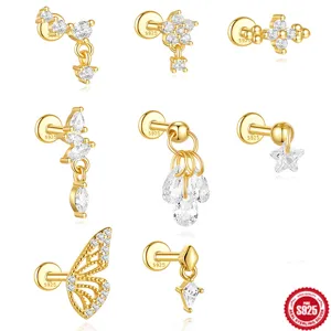 925 Sterling Silver Cartilage Helix Stud Earring With AAAAA Zirconia Flower Star Piercing Jewelry For Women Tragus Earring