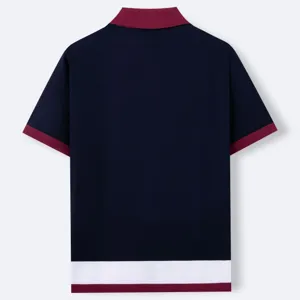 Back view of navy blue short sleeve knitted polo shirt with burgundy color block