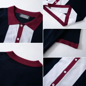 Detail shot of men's color-block knitted Polo shirt showing texture and buttons