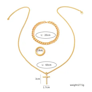 Detaillierte Maße des goldenen Hip-Hop-Schmucksets mit Kreuzanhänger und Armband