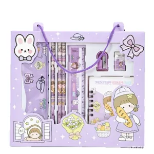 Schattige 8-delige paarse cartoon briefpapier cadeauset met meisjes illustraties