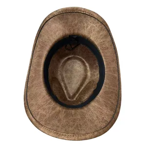 Vista interna dettagliata di un cappello da cowboy vintage in finta pelle screpolata
