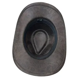 Vista dettagliata dell'interno di un cappello da cowboy in ecopelle invecchiata.