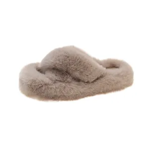 Comfortable women's plush cross-strap slippers featuring warm faux fur and thick sole