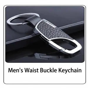 Close-up of minimalist metal and black leather waist buckle keychain for men in professional style