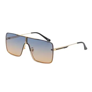Moderne übergroße quadratische Metall-Sonnenbrille mit blau-gelbem Farbverlauf Gläser