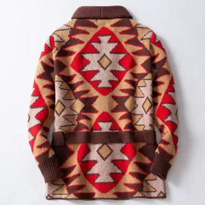 Back view detail of men's heavy geometric jacquard knit cardigan with belted waist.