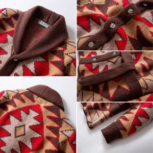 Detail view of men's thick geometric jacquard knit cardigan with shawl collar