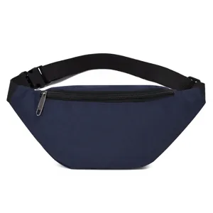 Professional front view of dark blue waterproof Oxford waist bag with black strap