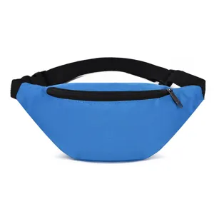 Detail view of a vibrant blue waterproof oxford fabric waist bag with black strap.