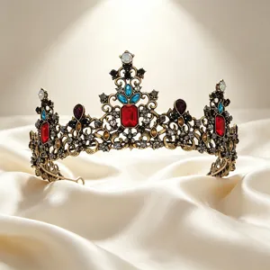 Prachtige vintage gouden bruidstiara met kleurrijke strass op luxe zijden stof