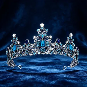 Prachtige vintage donkerzilveren bruidstiara met levendige blauwe en heldere strass