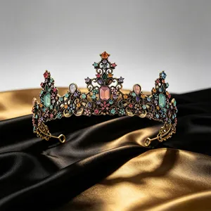 Detailopname van vintage gouden kroon met veelkleurige kristallen en uniek ontwerp
