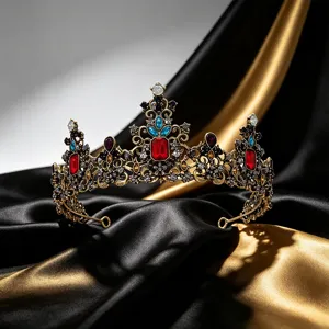 Detailopname van een vintage gouden bruidskroon met gekleurde kristallen op zijde