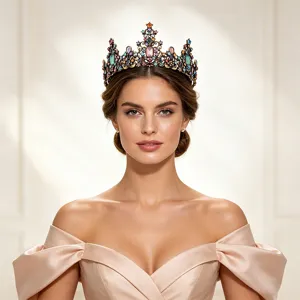 Close-up van een vintage bruidstiara met levendige kleurrijke edelstenen op een model