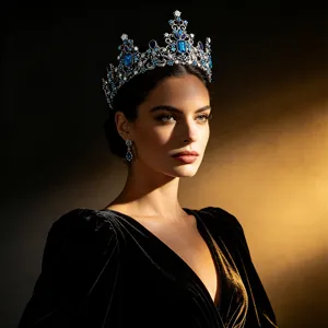 Luxe zilverkleurige bruidskroon met blauwe strass steentjes en dramatische belichting