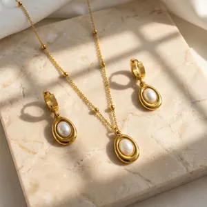 Vintage Stainless Steel Jewelry Teardrop Oval Faux Artificial Pearl Turquoise Pendant Necklace And Earrings For Women Gold Plated