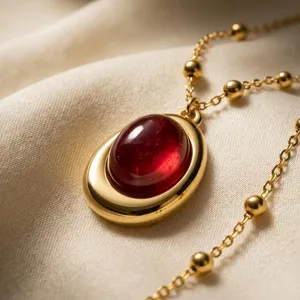 Vintage titanium steel collarbone necklace with oval red gemstone pendant for women