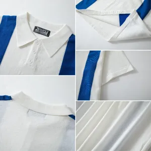Vues détaillées du polo rayé en maille pour hommes montrant le col et l'ourlet