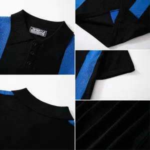 Détails macro du tissu et du col du polo en tricot à rayures noires et bleues de près.