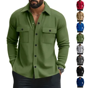Men Casual Shacket Jacket Brushed Fleece Turn-down Collar Single Breasted Double Pockets Long Sleeve Solid Color Workwear