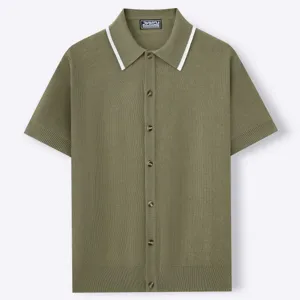 Detailed view of olive green knitted short-sleeve polo cardigan with button details